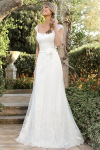 A-Line Cap-Sleeve Square-Neck Lace Wedding Dress-MK_702703