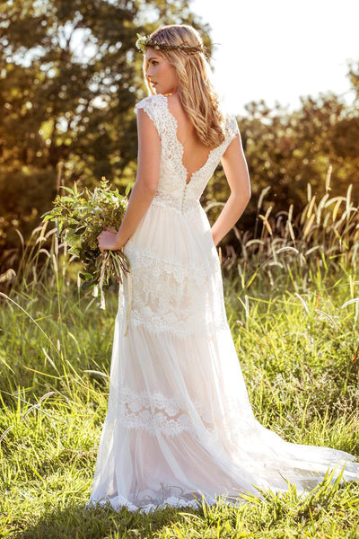 V-Neck Long Cap-Sleeve Appliqued Lace&Tulle Wedding Dress-MK_703210