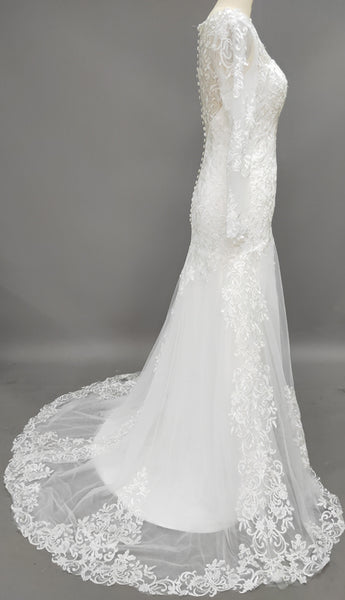 Sheath Long-Sleeve High Neck Tulle&Lace Wedding Dress With Sweep Train-zMK_703212