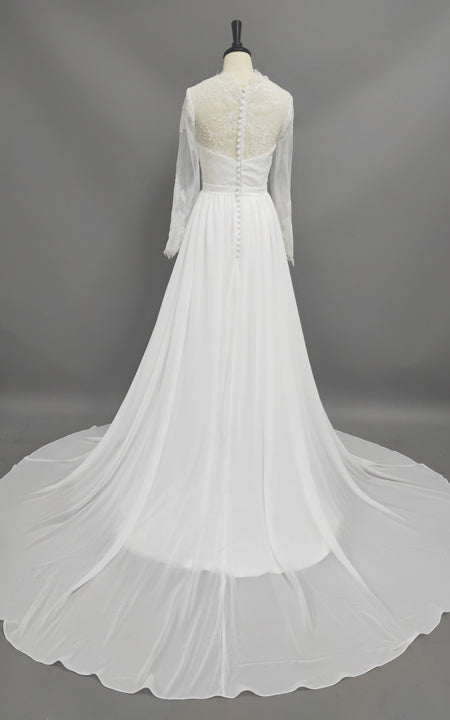 Sheath Long-Sleeve Jewel-Neck Chiffon Wedding Dress With Illusion-MK_703214