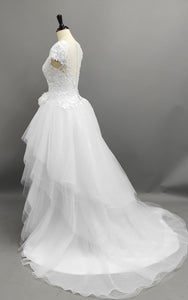 Illusion Jewel-Neck High-Low Bridal Gown With Ruffles And T-Shirt Sleeves-MK_704944