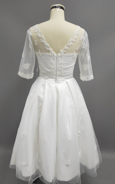 A-Line Tea-Length Illusion Sleeve Scoop Neck Appliqued Tulle Wedding Dress-MK_705278