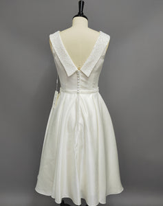 A-Line Scoop-Neck Tea-Length Satin Wedding Dress With Beading And V Back-MK_705290