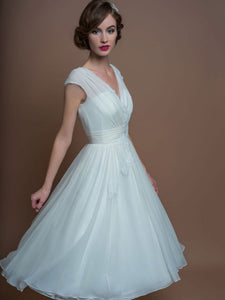 A-Line V-Neck Tea-Length Cap-Sleeve Appliqued Tulle Wedding Dress With Ruching-MK_705299