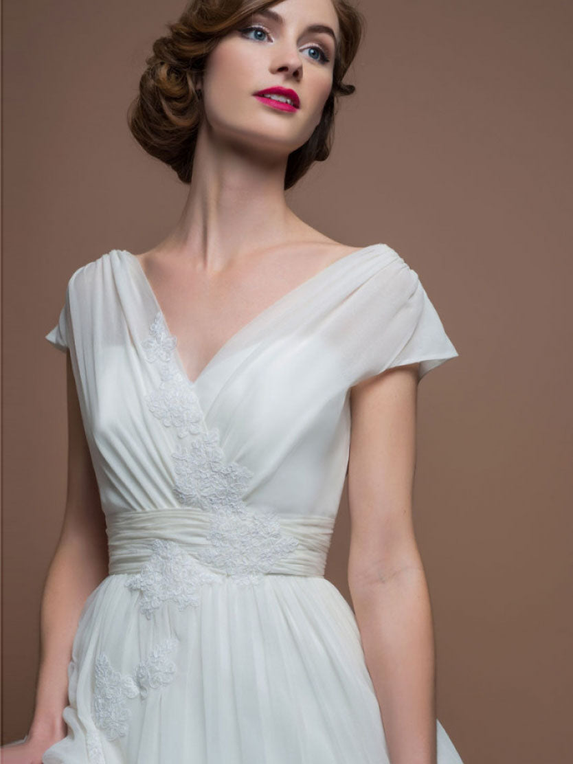 white christmas dresses A-Line V-Neck Chiffon Long Sleeves Zipper Wedding Dress, Diamond White / UK 12 main image 1