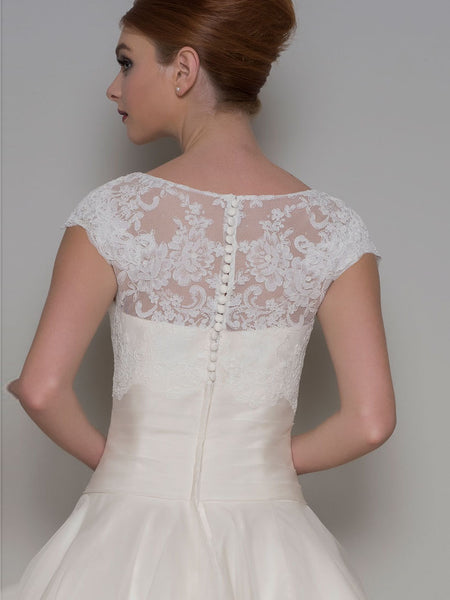 Tea-Length A-Line Scoop Neck Appliqued Cap Sleeve Tulle Wedding Dress-MK_705313