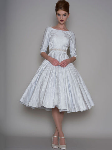 A-Line Tea-Length 3-4 Sleeve Bateau Neck Jeweled Satin Wedding Dress-MK_705319