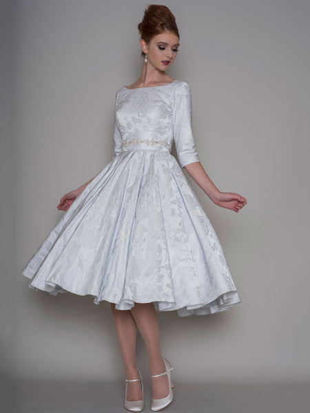 A-Line Tea-Length 3-4 Sleeve Bateau Neck Jeweled Satin Wedding Dress-MK_705319