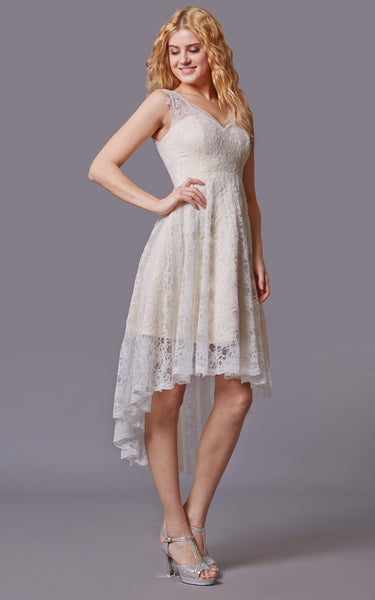 Sleeveless High Low Lace Bridesmaid Dress With V-neck-ZP_101610