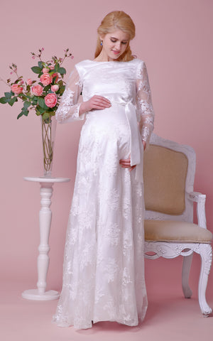 Bateau Neck Long-sleeved Lace Maternity Wedding Dress With Scoop Back-ZP_706093