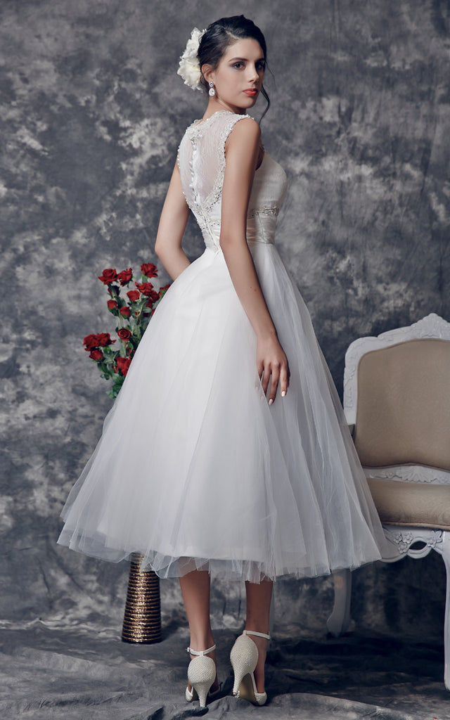 tea length wedding dress lace back Contemporary organza and lace short wedding dress