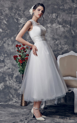 Vintage Tea-Length Wedding Dress with Illusion Back-ZP_706165