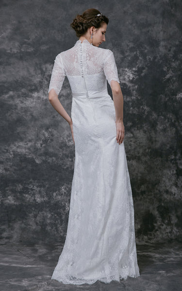 Pleated High Neckline Lace Long-Sleeve Gorgeous Long Dress-ZP_706272