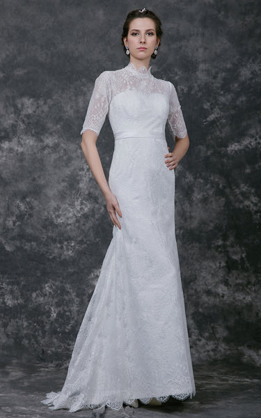 Pleated High Neckline Lace Long-Sleeve Gorgeous Long Dress-ZP_706272