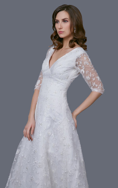 Vintage Long Lace Sleeve V-neck A-line Lace Gown With Pleats-ZP_706282