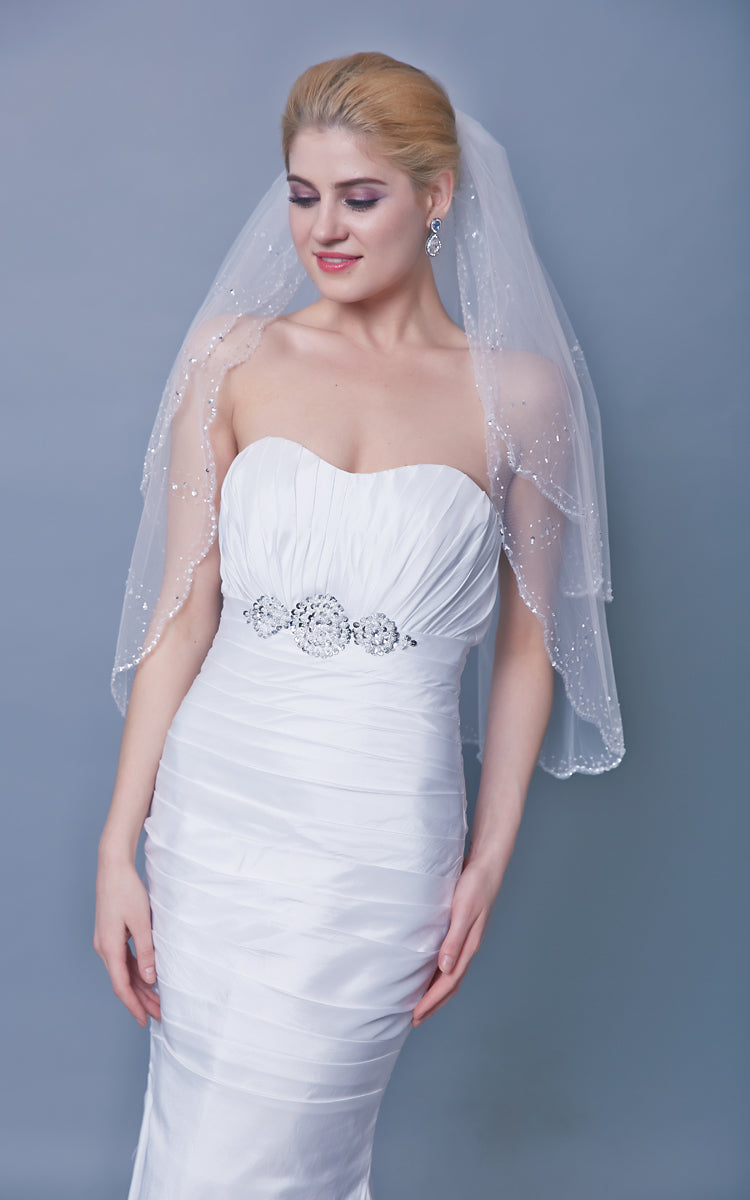 Two Tier Sequined Mid Veil With Beaded Trim-ZP_810068