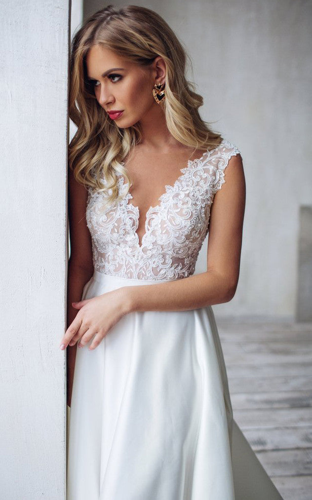 Satin Lace Floor-length Court Train A Line Sleeveless Romantic Wedding –  DorrisDress