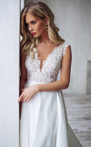Satin Lace Floor-length Court Train A Line Sleeveless Romantic Wedding Dress