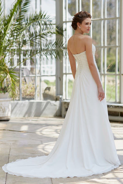 A-Line Strapless Beaded Sleeveless Floor-Length Satin Wedding Dress With Corset Back And Side Draping