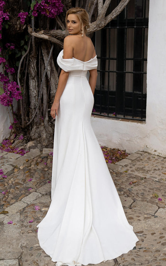Satin Off-the-Shoulder Sheath Wedding Dress with Open Back and Zipper- DorrisDress Satin Off-the-Shoulder Sheath Wedding Dress with Open Back and Zipper- DorrisDress