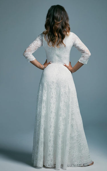 Lace V-neck Bohemian V-neck Sheath Wedding Dress With Zipper Back And Appliques