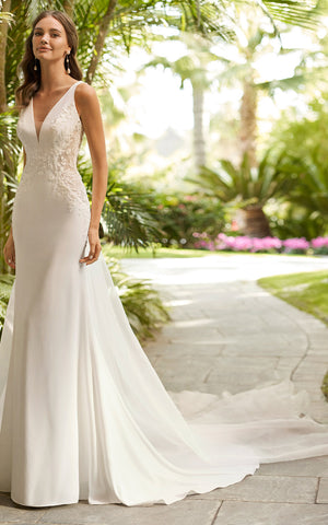 V-neck A-Line Satin Beach Wedding Dress Casual Sexy Western Romantic Adorable Simple With Deep-V Back And Appliques