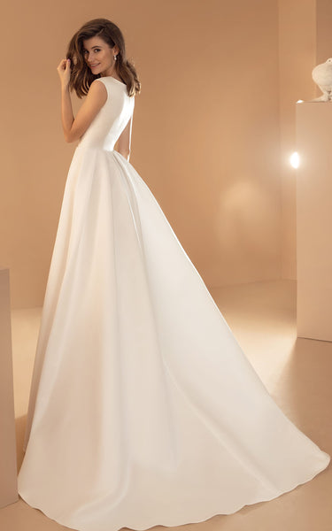 Simple Ball Gown V-neck Satin Sleeveless Floor-length Wedding Dress with Pockets and Sweep Train 