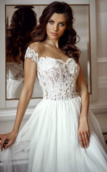 Ethereal A Line Chiffon Off-the-shoulder Sweep Train Wedding Dress