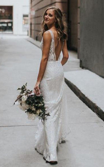 Sexy V-neck Lace Sheath Floor-length Chapel Train Sleeveless Wedding Dress