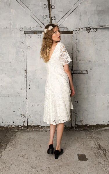 Short Sleeve Lace Knee Length A-Line Dress With Low-V Back