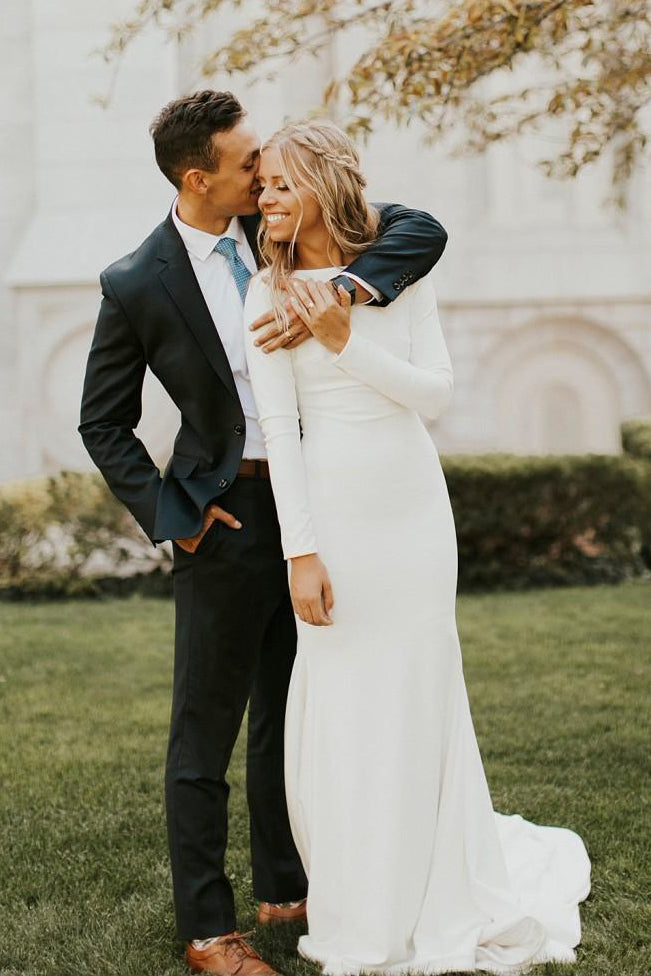 Modest Long Sleeve Satin Wedding Gown With Cathedral Train And Buttons –  DorrisDress