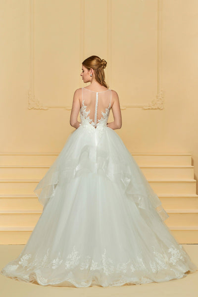 Sleeveless Adorable Lace Cute Wedding Dress With Ruflles And Illusion Button Back