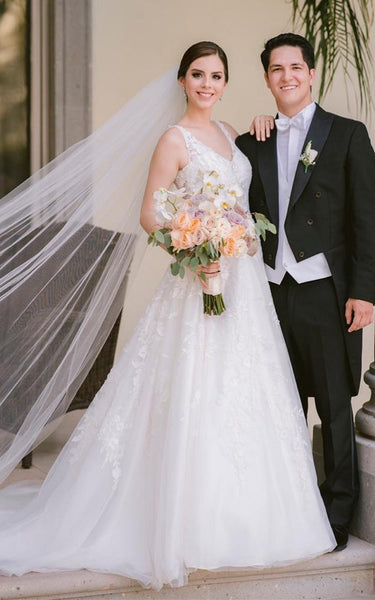 Casual Ball Gown V-neck Tulle Sweep Train Wedding Dress with Appliques