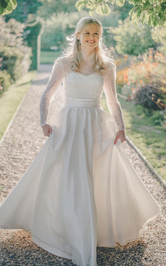 High Neck A-Line Satin Modest Wedding Dress With Long Sleeve Sequins-7 DorrisDress High Neck A-Line Satin Modest Wedding Dress With Long Sleeve Sequins-7 DorrisDress