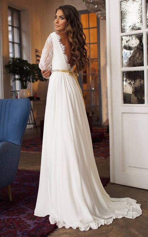 long sleeve taffeta wedding dress Taffeta Lace Floor-length Brush Train A Line Long Sleeve Modest Weddin –  DorrisDress