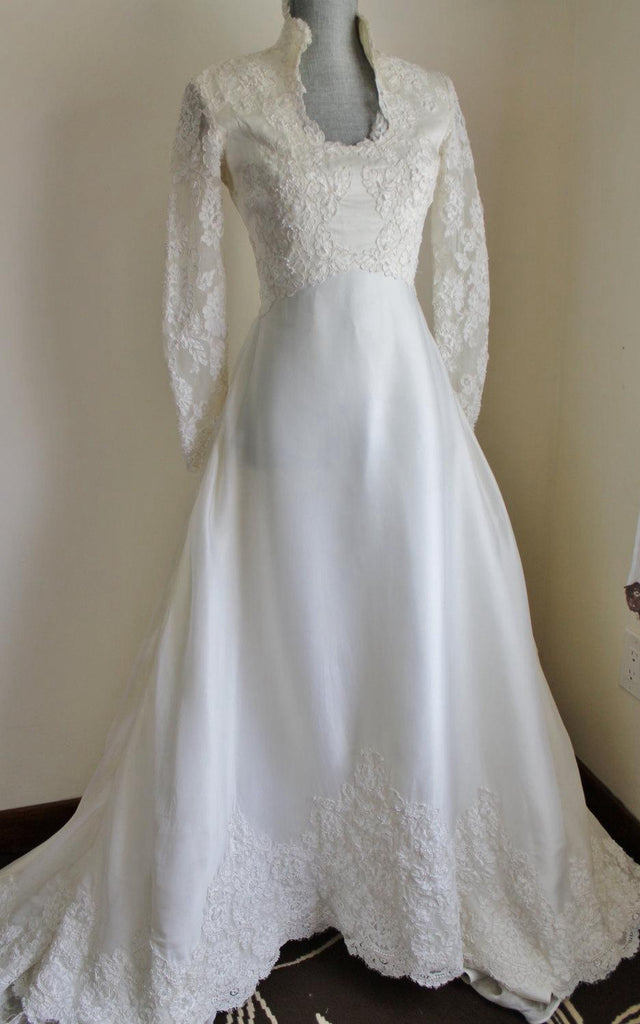 Queen Anne Neck Long Sleeve A-Line Satin Wedding Dress With Lace Hem-E – DorrisDress