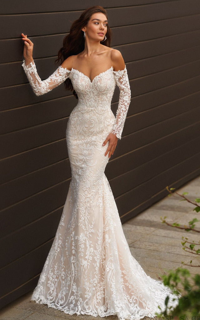 Mermaid Off-the-shoulder V-neck Lace Beach Wedding Dress With Illusion DorrisDress Mermaid Off-the-shoulder V-neck Lace Beach Wedding Dress With Illusion DorrisDress
