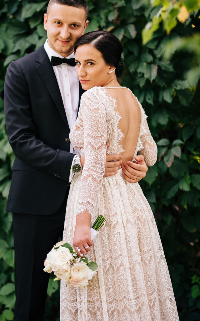 A-Line Lace Vintage Wedding Dress With Bateau Neckline And Long Sleeve DorrisDress A-Line Lace Vintage Wedding Dress With Bateau Neckline And Long Sleeve DorrisDress