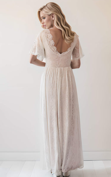 Simple Modest Bohemian A-Line Short Sleeves Wedding Dress Eleagant Romantic Scoop Neck Gown with Sequins