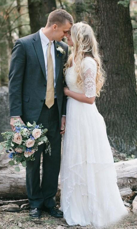 Bohemian Forest Modest V Neck Half Sleeves Lace Chiffon Bridal Gown-71 –  DorrisDress