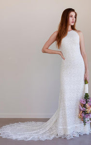 Bohemian Jewel Sheath Lace Floor-length Sleeveless Wedding Dress with Keyhole and Court Train