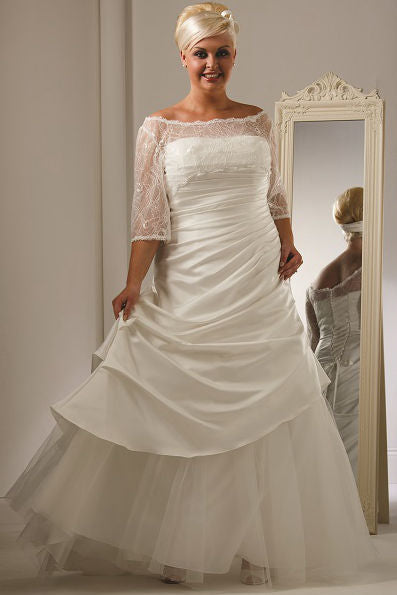 Off Shoulder Lace Half Sleeve Taffeta Bridal Gown With Tulle Skirt