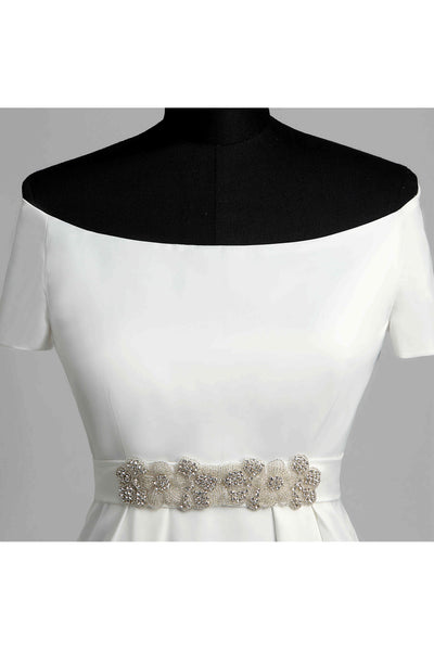 Off-the-shoulder Short Sleeve Empire Beading Pleats Wedding Dress