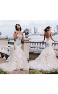 Trumpet Short Sweetheart Sleeveless Bell Beading Appliques Chapel Train Backless Tulle Lace Dress