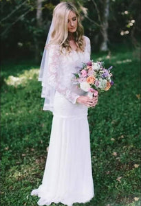 Country Bohemian Full Lace Sheer Long Sleeves Sweep Train Wedding Dress