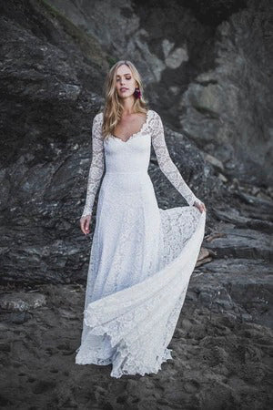 Elegant A-Line Lace Long Sleeve Wedding Gown With V-Neck And Keyhole B –  DorrisDress