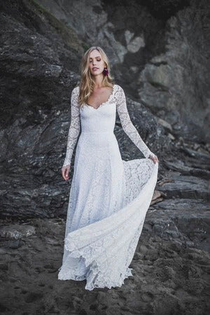 Elegant A-Line Lace Long Sleeve Wedding Gown With V-Neck And Keyhole Back