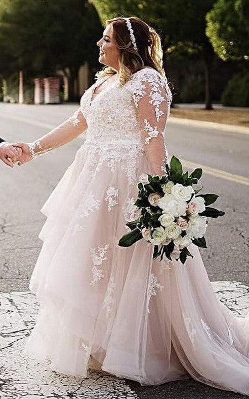 Romantic Plus Size Brush Train Long Sleeve Lace A Line Wedding Dress with Tiers-716286 Romantic Plus Size Brush Train Long Sleeve Lace A Line Wedding Dress with Tiers-716286