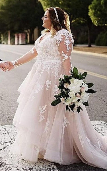 Romantic Plus Size Brush Train Long Sleeve Lace A Line Wedding Dress with Tiers