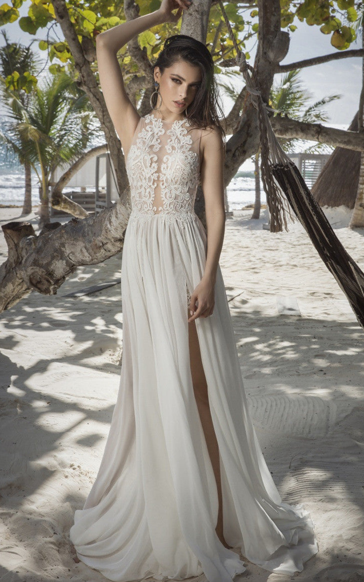 Modern A-Line Halter Tulle Sweep Train Wedding Dress with Split Front